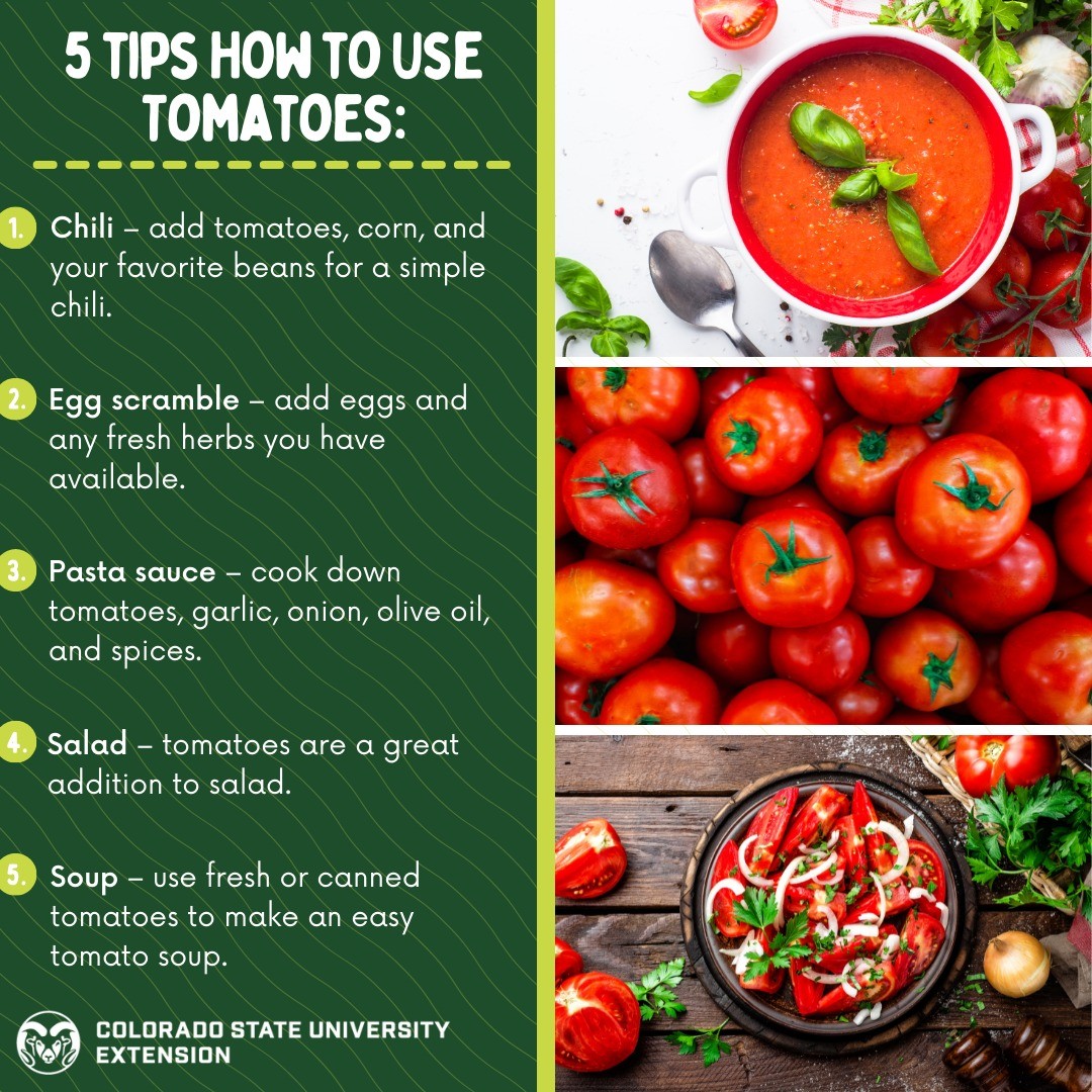 Tomatoes can be used in a variety of different ways. Visit the link in our bio to learn more about storing, cleaning, as well as 5 tips for how to use tomatoes!

#foodsmartcolorado #coloradoproduce #tomatoes #tomato #coloradotomatoes #cleaning #tips #storing