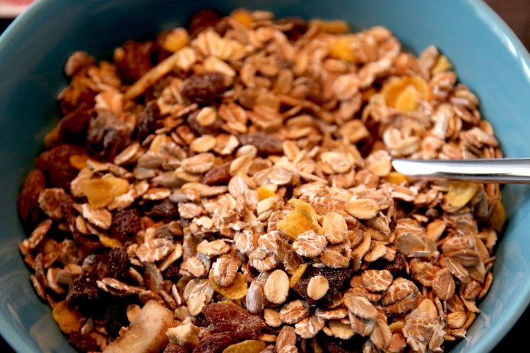 Bowl of cereal with oats, nuts and dried fruit.