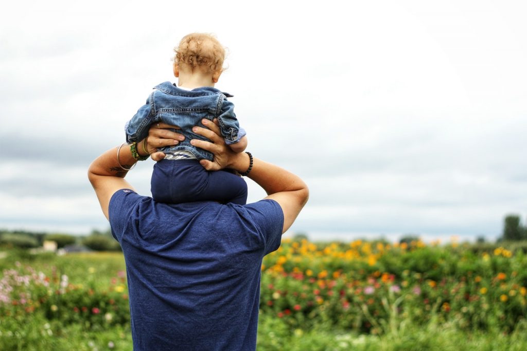 Man holding small child on his shoulders, overlooking a field of wildflowers.