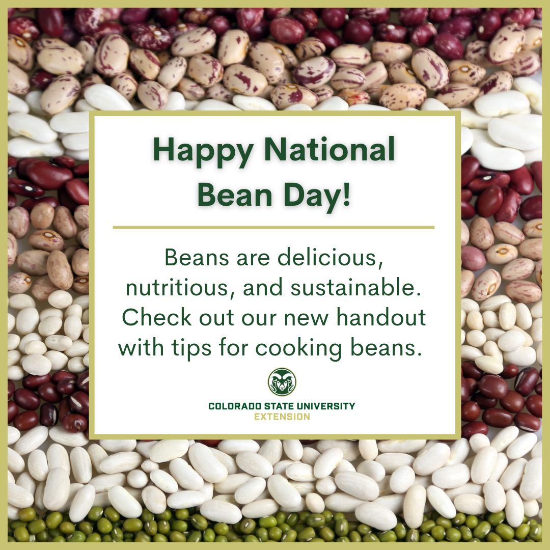 Happy National Bean Day!! To celebrate, check out our new handout with tips for cooking dry beans, link in our bio. Beans are a great way to start the new year off right, and then to continue enjoying all year long.

#NationalBeanDay #FoodSmartColorado #CSUExtension #LovePulses #Pulses #Beans #Legumes #Fiber #Protein #HealthyEating #Recipe #Recipes #BeanDip #ColoradoProud #Healthy #Nutrition #PlantBased #NewYear #ColoradoBeans #Nutrition #Healthy
