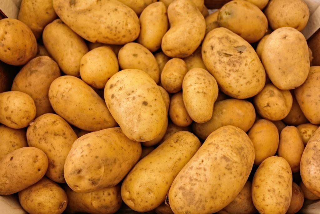 Raw yellow potatoes in a pile.