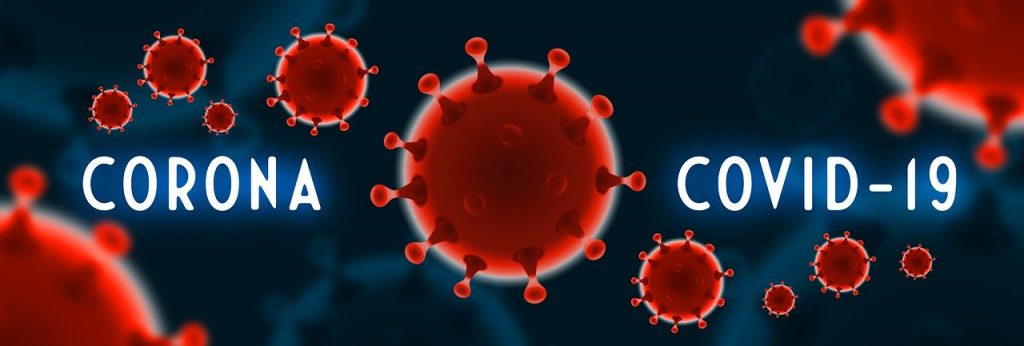 Illustration of COVID-19 viruses floating.