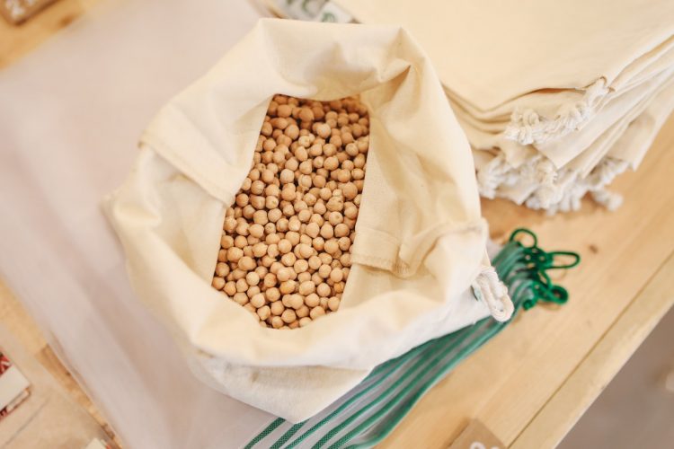 Dried chickpeas in cloth bag