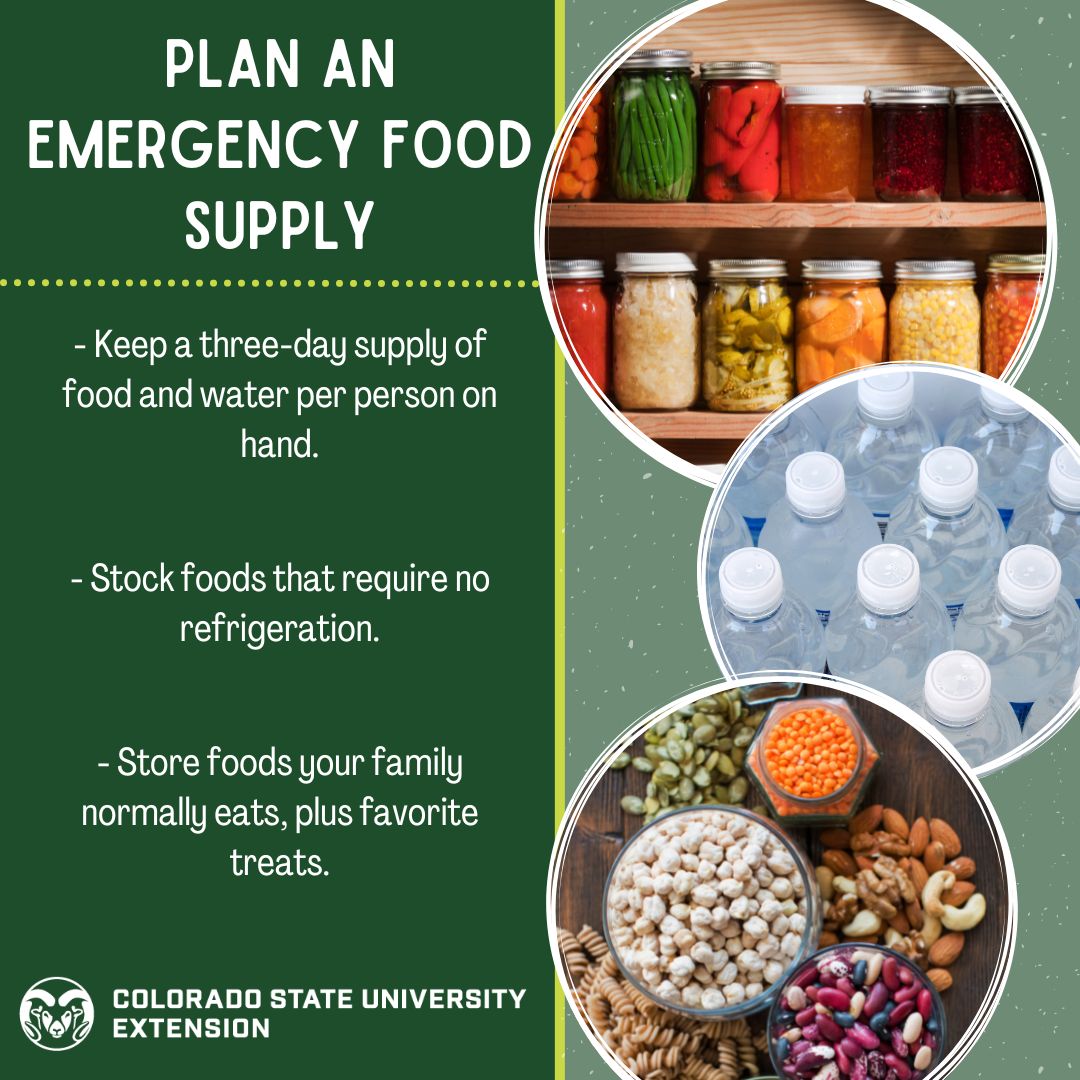 Having an emergency food supply is important for emergencies such as tornado, ice storm, or even a loss of employment. Visit the link in our bio to find more information on safe food tips and food storage.

 #foodsmartcolorado  #emergency  #foodsupply  #emergencies  #foodsafety  #foodstorage  #water