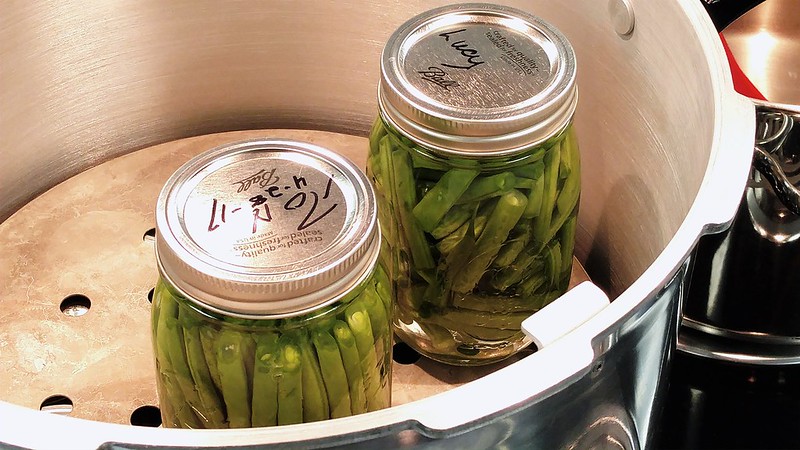 Green beans in canner, dated and labeled.