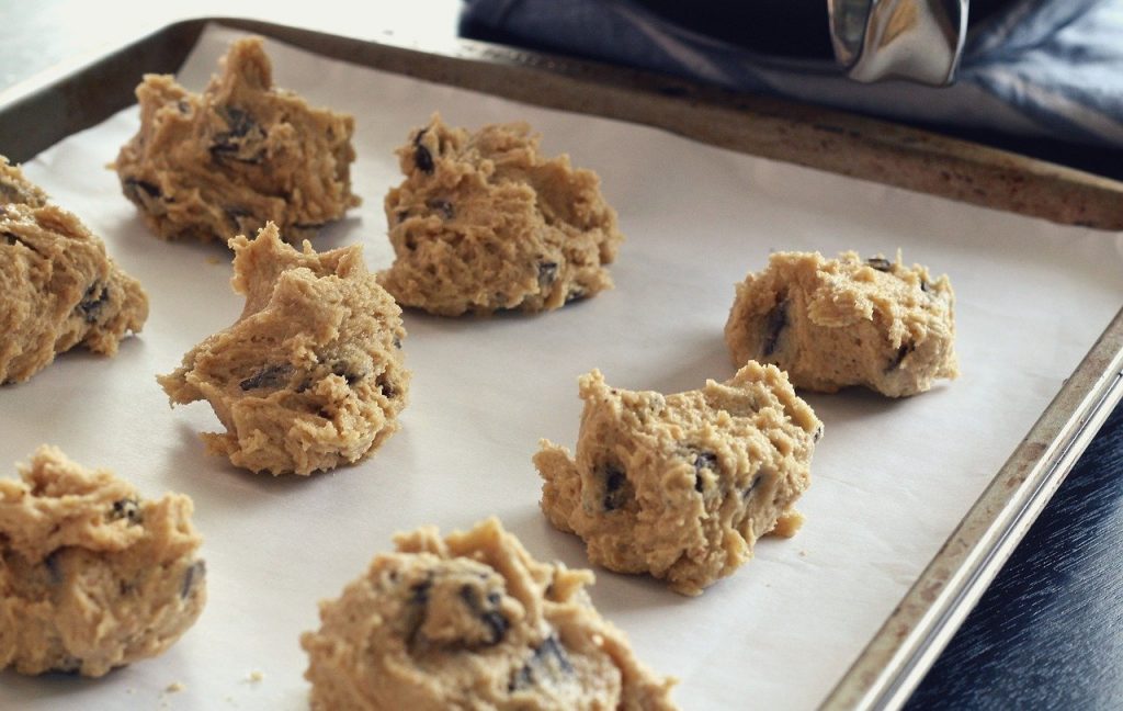 chocolate chip cookie dough on cookie sheet before baking.