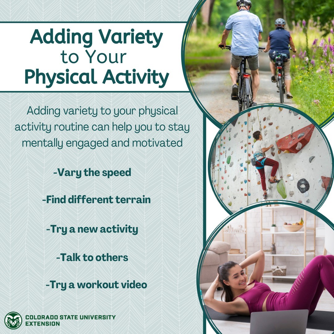Learn the many different suggestions and ways to add variety to your physical activity by visiting the link in our bio!

#foodsmartcolorado #exercise #physicalactivity #healthbenefits #activity #yoga #outdoors